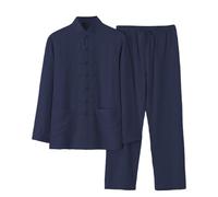 Chemise en lin pour homme - Style chinois - Tenue en lin - Chemises + pantalon en lin - 2 pièces - Tenue de tai chi - Respirant - Costume de kungfu - Coupe droite, Marine, XXL
