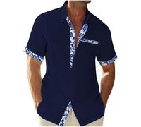 Chemise En Lin Pour Hommes Lin Coton à Manches Courtes Chemises BoutonnéE DéContractéEs Shirts Patchwork Imprimé Haut Leger Respirant Chemise ÉTé Plage Grandes Tailles Chemises Classique T-Shirts