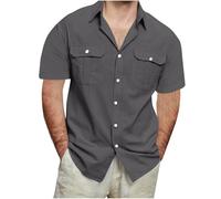 Chemise en Lin pour Hommes Top à Manches Courtes Boutonnée Coupe régulière Chemises décontractées Chemisier d'été en Lin de Plage Leger Respirant Haut Tops Chemise de Affaires Ample T shirt Pas Cher