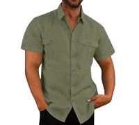 Chemise en Lin pour Hommes Top à Manches Courtes Boutonnée Coupe régulière Chemises décontractées Chemisier d'été en Lin de Plage Leger Respirant Haut Tops Chemise de Affaires Ample T shirt Pas Cher