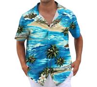 Chemise en Mélange Lin Coton Imprimé Totem Tropical Géométrique Col Cubain pour Hommes à Manches Courtes Deux Poches Applique Coupe régulière Chemise hawaïenne tissu mélangé naturel résistant Blue 4TG