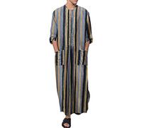 Chemise en Mousseline pour Homme à Manches Longues Islam Bleu Vêtements de prière Arabe Rayé Musulman Caftan Moyen-Orient Dubai Maxi Abaya Chemise col Rond Manches Longues