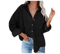 Chemise chemisier en velours côtelé pour femme - Chemise en velours côtelé - Col en V - Chemise en velours côtelé - Manches longues - Veste en velours côtelé - Col en V - Manches longues, Noir , XXL
