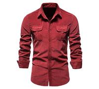 Chemise en velours côtelé pour homme - Coupe ajustée - Style cowboy - Col Kent - Décontracté - Revers - Couleur unie - Avec deux poches - Pour l'automne et les affaires, O rouge., XXL