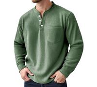Chemise en velours côtelé pour homme - T-shirt à manches longues - Couleur unie - Pull d'hiver surdimensionné - Avec 2 boutons - T-shirt fonctionnel sans capuche - Polo classique Henley, vert, S