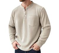 Chemise en velours côtelé pour homme - T-shirt à manches longues - Couleur unie - Pull d'hiver surdimensionné - Avec 2 boutons - T-shirt fonctionnel sans capuche - Polo classique Henley, kaki, S