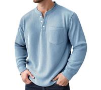Chemise en velours côtelé pour homme - T-shirt à manches longues - Couleur unie - Pull d'hiver surdimensionné - Avec 2 boutons - T-shirt fonctionnel sans capuche - Polo classique Henley, bleu, S