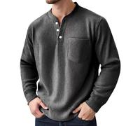 Chemise en velours côtelé pour homme - T-shirt à manches longues - Couleur unie - Pull d'hiver surdimensionné - Avec 2 boutons - T-shirt fonctionnel sans capuche - Polo classique Henley, Noir , S