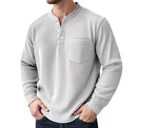 Chemise en velours côtelé pour homme - T-shirt à manches longues - Couleur unie - Pull d'hiver surdimensionné - Avec 2 boutons - T-shirt fonctionnel sans capuche - Polo classique Henley, Blanc., S