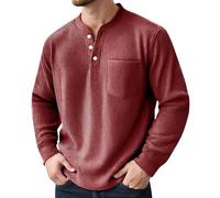 Chemise en velours côtelé pour homme - T-shirt à manches longues - Couleur unie - Pull d'hiver surdimensionné - Avec 2 boutons - T-shirt fonctionnel sans capuche - Polo classique Henley, rouge, S