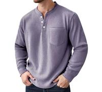 Chemise en velours côtelé pour homme - T-shirt à manches longues - Couleur unie - Pull d'hiver surdimensionné - Avec 2 boutons - T-shirt fonctionnel sans capuche - Polo classique Henley, lilas, S