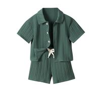 Chemise Enfant élégant Garcon Boutons Manche Courte 12mois-6ans Ensemble Ete 2 Pieces Haut avec Short Taille Elastique Décontracté Et Confortable (Green, 4-5 Years)