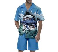 Chemise et Short boutonnés à Manches Courtes imprimé Requin pour Hommes Ensemble de Chemises 2 pièces Tenues d’été