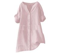 Chemise Été Coton Et Lin pour Femmes Chemisier Respirant Et À Séchage Rapide Col en V Haut Boutonnées À Manches Sept-Minutes De Couleur Unie Lâche Mode Cardigan Grande Taille Casual Ample Blouse
