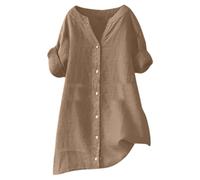 Chemise Été Coton Et Lin pour Femmes Chemisier Respirant Et À Séchage Rapide Col en V Haut Boutonnées À Manches Sept-Minutes De Couleur Unie Lâche Mode Cardigan Grande Taille Casual Ample Blouse