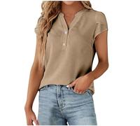 Chemise Femme à Col en V Manche Courte T-Shirt avec Boutons Blouse Travail Décontracté Tops Casual D'été Ample Couleur Unie Tunique Haut Baggy Casual pour Le Travail Chemisier Chic et Élégant