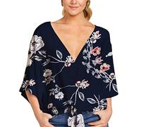 Chemise femme à imprimé floral col en V 3/4 chemisiers à manches cloche Tunique Tops élégant T-shirt lâche Chemise sexy Tie Knot Tops Chemise confortable chemise décontractée en coton, C-bleu, X-Large