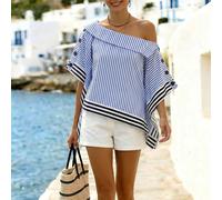 Chemise femme à imprimé rayé asymétrique avec manches 3/4, combinaison bleu et blanc avec patchwork à rayures noires. Convient pour les fêtes, les rendez-vous, les dîners, la saison des mariages, les 