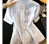 Chemise femme à manches courtes avec fente et nœud papillon en dentelle bleue, nouveau cardigan ample et fin d'été, design décontracté pour le quotidien, les fêtes, les vacances, les sorties et les co