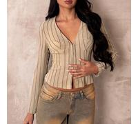 Chemise femme à manches longues avec boutons devant, col V profond minimaliste et sexy, plissée, imprimé rayures texturées. Portée au quotidien, printemps, décontractée, confort urbain, style occident