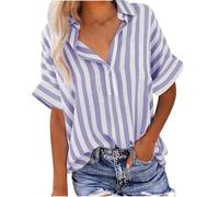 Chemise Femme Blouse Été Pull Col V Classique Crop Top Boutonnée Rayée T-Shirts à Manches Courtes Respirant Vetement Décontracté Haut Femme Tee Shirt Manche Courte 05 Violet XL
