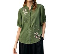 Chemise Femme Brodée Fleurs T-Shirts à Manches 3/4 Col Rond Tee Shirt Chic et Élégant Léger Chemisier D'été Femmes Broderie Hauts de Plage Lâche Respirant Tops pour Sortir Vacances
