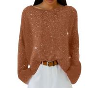 Chemise Femme Chic Et Élégant - Haut Paillettes Femme Sequin Pas Cher Pull Col Rond Disco Soiree Tee Shirt Manches Longues Deguisement Carnaval(Marron,L)