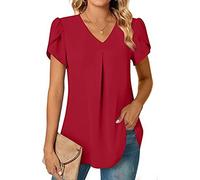 Chemise Femme Chic et élégant Manche Courte Chemisier Mousseline Femme ete Fluide Ample Tunique Blouse Femme col v Pas Cher Tee Shirt uni Top Haut Femme Leger pour Bureau Business (Red, XXL)