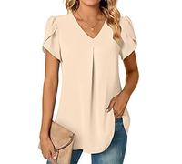 Chemise Femme Chic et élégant Manche Courte Chemisier Mousseline Femme ete Fluide Ample Tunique Blouse Femme col v Pas Cher Tee Shirt uni Top Haut Femme Leger pour Bureau Business (Beige, L)