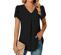 Chemise Femme Chic et élégant Manche Courte Chemisier Mousseline Femme ete Fluide Ample Tunique Blouse Femme col v Pas Cher Tee Shirt uni Top Haut Femme Leger pour Bureau Business (Black, XXL)