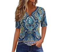 Chemise Femme Chic Et Élégant,Tunique Femme Pas Cher T-Shirt Femme Imprimé Bouton Manches Courtes Quotidien Week-End Mode Basique Col en V Haut Régulier Blouse Chic Et Élégant(3-Bleu Royal,XL)