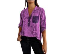 Chemise Femme Chic Impression Vintage Tee Shirt Manche 3/4 Col V Femme avec Boutons Décontractés Ample T-Shirts Grande Taille Élégant Haut Été Pas Cher Casual avec 2 Poches Top Respirant