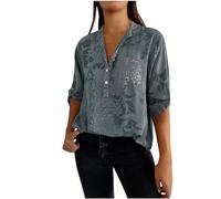Chemise Femme Chic Impression Vintage Tee Shirt Manche 3/4 Col V Femme avec Boutons Décontractés Ample T-Shirts Grande Taille Élégant Haut Été Pas Cher Casual avec 2 Poches Top Respirant