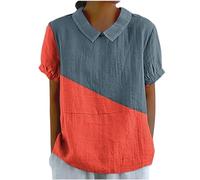 Chemise Femme Col Claudine Chemisier Coton et Lin Blouse Grande Taille Été T-Shirt Manches Courtes Tunique Chic et Élégant Chemise Ample et Décontracté Hauts