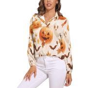 Chemise Femme Col En V Bouton Manches Longues Chemisier Jaune Clair, Femmes Chemise Citrouille D'Halloween, Lâche Respirant T-Shirts Grande Taille Pas Cher Casual, Chauves-Souris, Fantômes Doux