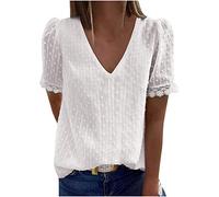 Chemise Femme Col en V Dentelle D'Été Chic et Élégant Manches Courtes Tunique Couleur Unie Ample Hauts Tops Tunique Ample Travail Blouse Boheme Mousseline de Soie Plage T-Shirt