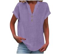 Chemise Femme Coton à Manches Courtes T-Shirts d'été à col en V Basiques élégants boutonnés Hauts Coupe Ample Décontractées Pas Cher Lin Blouse Grande Taille Tunique