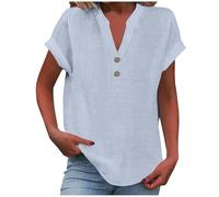 Chemise Femme Coton à Manches Courtes T-Shirts d'été à col en V Basiques élégants boutonnés Hauts Coupe Ample Décontractées Pas Cher Lin Blouse Grande Taille Tunique