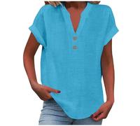 Chemise Femme Coton à Manches Courtes T-Shirts d'été à col en V Basiques élégants boutonnés Hauts Coupe Ample Décontractées Pas Cher Lin Blouse Grande Taille Tunique