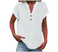 Chemise Femme Coton à Manches Courtes T-Shirts d'été à col en V Basiques élégants boutonnés Hauts Coupe Ample Décontractées Pas Cher Lin Blouse Grande Taille Tunique