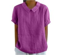 Chemise Femme Coton Et Lin à Manches Courtes Tunique Chic Et ÉLéGant Chemisiers Couleur Unie Tee Shirt ÉTé Ample Haut Top à Revers LâChe Respirant Blouse Grande Taille Pas Cher Tee