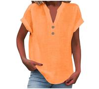 Chemise Femme Coton Et Lin Chemises Lin Manches Courtes Col V Boutonné Top Henley Chemisier Couleur Uni Lâche Respirant T-Shirts Tunique Femmes Chic Et Elegant Tuniques Grande Taille Pas Cher