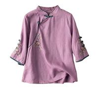 Chemise Femme Coton Et Lin - Chemisier Femme 20 été Nouveau Style Ethnique Vent Coton et Lin lâche Plaque Boucle Corne Manches Debout Sept Points Manches Haut Chemise Femme (Purple XL/3)