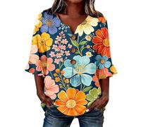 Chemise Femme Coton Et Lin Eté À Col En V Manche 3/4 Top Décontractée Lâches Chemise Léger Et Respirant Floral Imprimé Haut Avec Boutonnée Lin Oversized Tunic Élégant Rétro T-Shirt Pour Travail