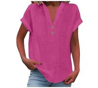 Chemise Femme Coton et Lin Manches Courtes Chemisiers et Blouses Chic et Élégante Col en V Chemisier Couleur Unie T-Shirts D'Été Respirant Grande Taille Chemise Lin Tunique avec Boutonnée Basiques