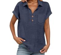 Chemise Femme Coton et Lin Manches Courtes Chemisiers et Blouses Chic et Élégante Col en V Chemisier Couleur Unie T-Shirts D'Été Respirant Grande Taille Chemise Lin Tunique Blouse avec Boutonnée