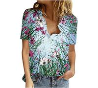 Chemise Femme Coton Lin Chic et Élégant Casual Chemisier Confortable T-Shirt Baggy Tops Manche Courte Shirt Blouse Ample Col V Boutons T Shirt avec Poches Grande Taille Pas Cher