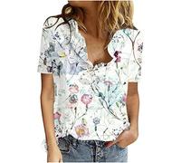 Chemise Femme Coton Lin Chic et Élégant Casual Chemisier Confortable T-Shirt Baggy Tops Manche Courte Shirt Blouse Ample Col V Boutons T Shirt avec Poches Grande Taille Pas Cher