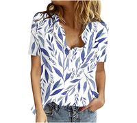 Chemise Femme Coton Lin Chic et Élégant Casual Chemisier Confortable T-Shirt Baggy Tops Manche Courte Shirt Blouse Ample Col V Boutons T Shirt avec Poches Grande Taille Pas Cher