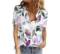 Chemise Femme Coton Lin Chic et Élégant Casual Chemisier Confortable T-Shirt Baggy Tops Manche Courte Shirt Blouse Ample Col V Boutons T Shirt avec Poches Grande Taille Pas Cher
